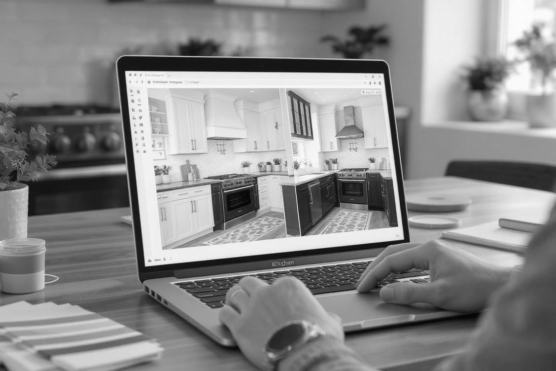 Una persona al computer portatile progetta una cucina in 3D, con campioni di colore sul tavolo
