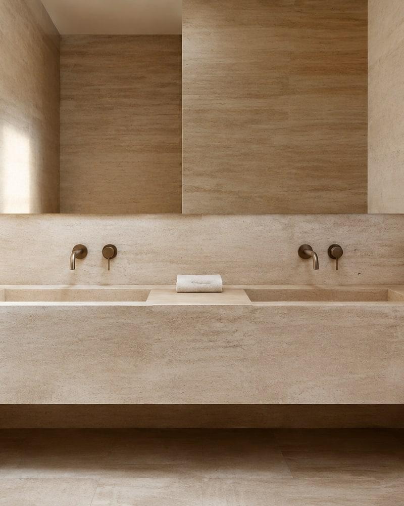 Doppio lavabo monolitico e rivestimento in travertino