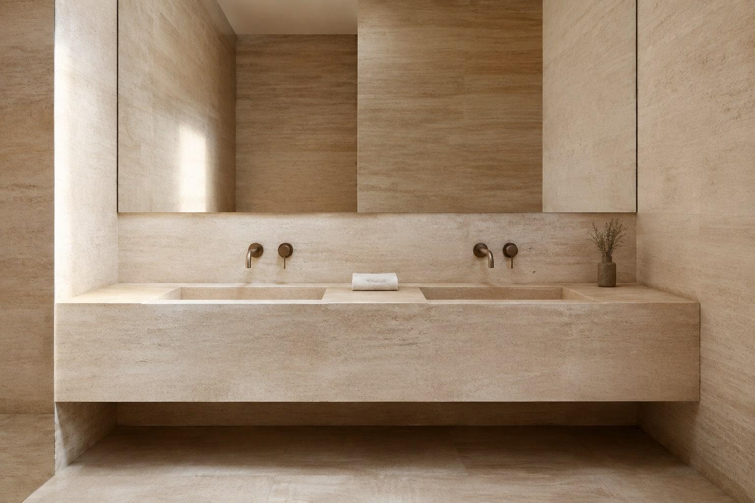 Doppio lavabo monolitico e rivestimento in travertino