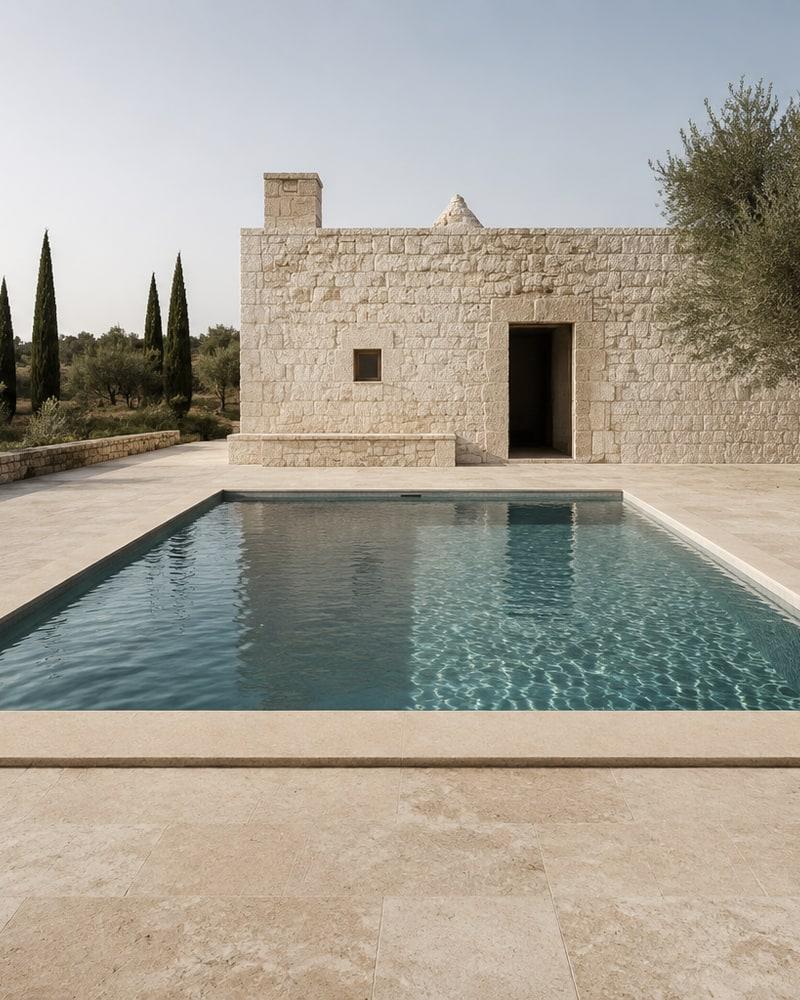 Piscina con bordo e pavimentazione in travertino, tra gli ulivi