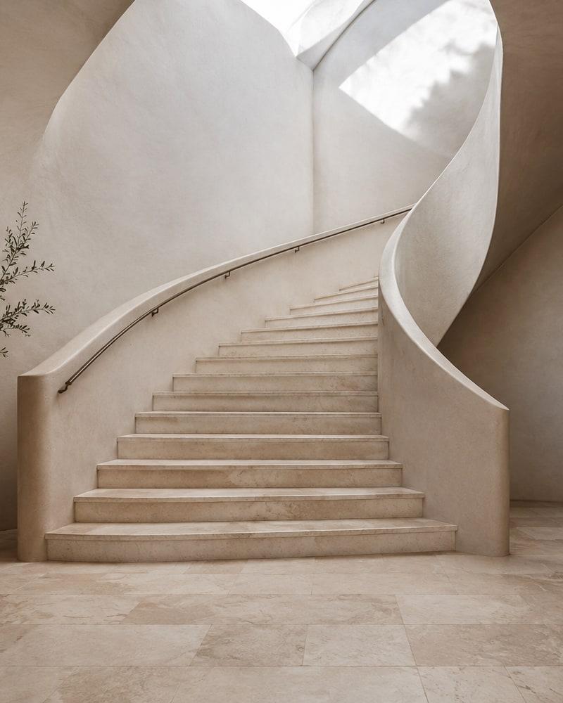 Scala curva e pavimento in pietra chiara