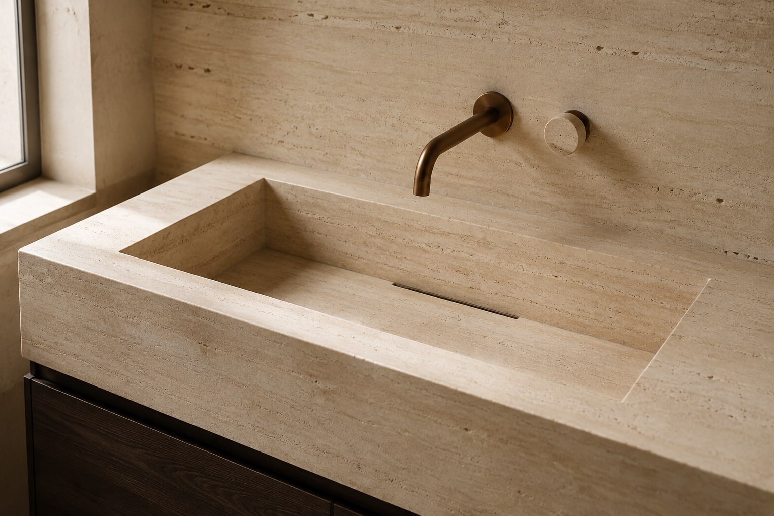 Lavabo scavato nel travertino, con bordo sottile e rubinetto a parete