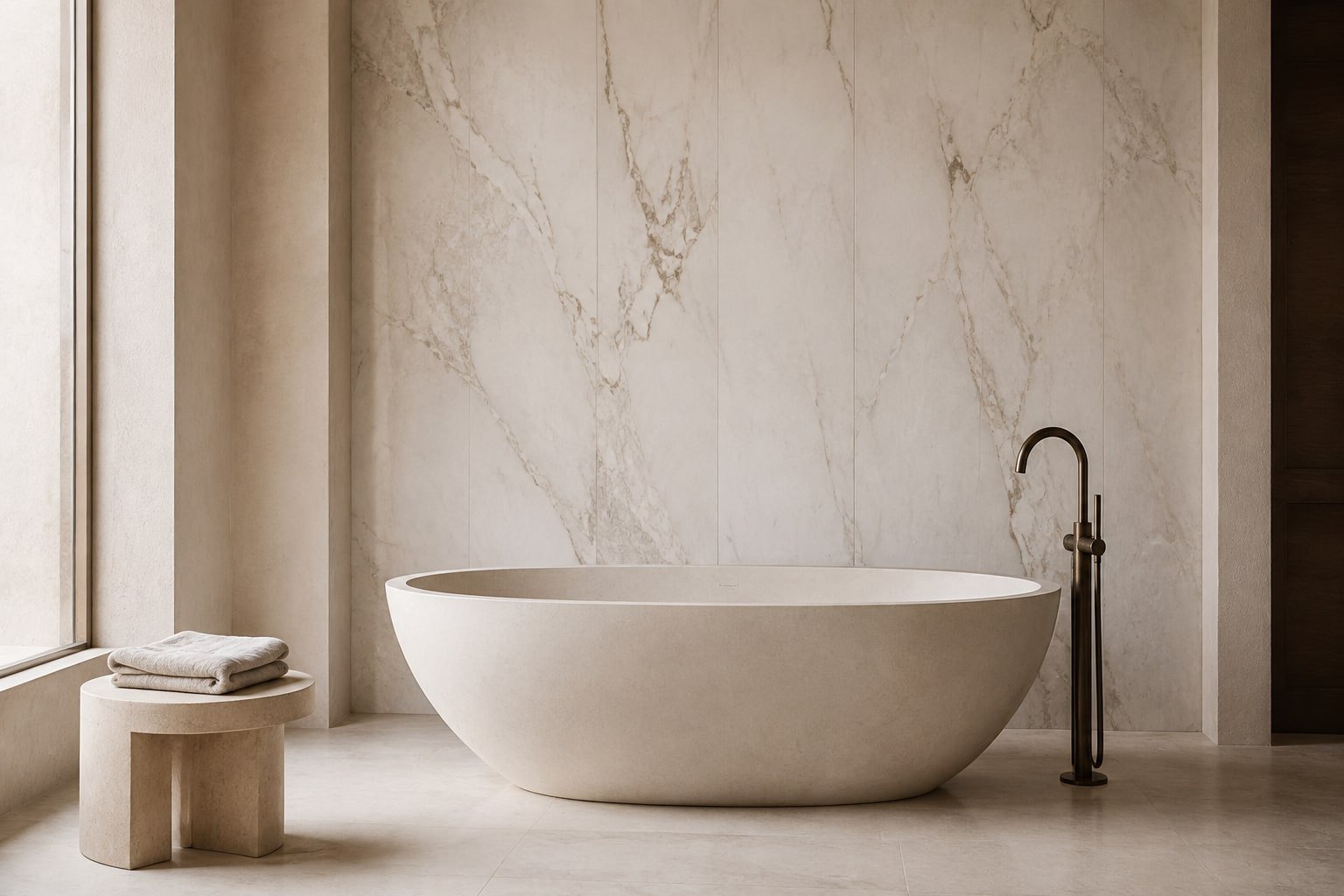 Vasca freestanding e rivestimento in marmo bianco venato