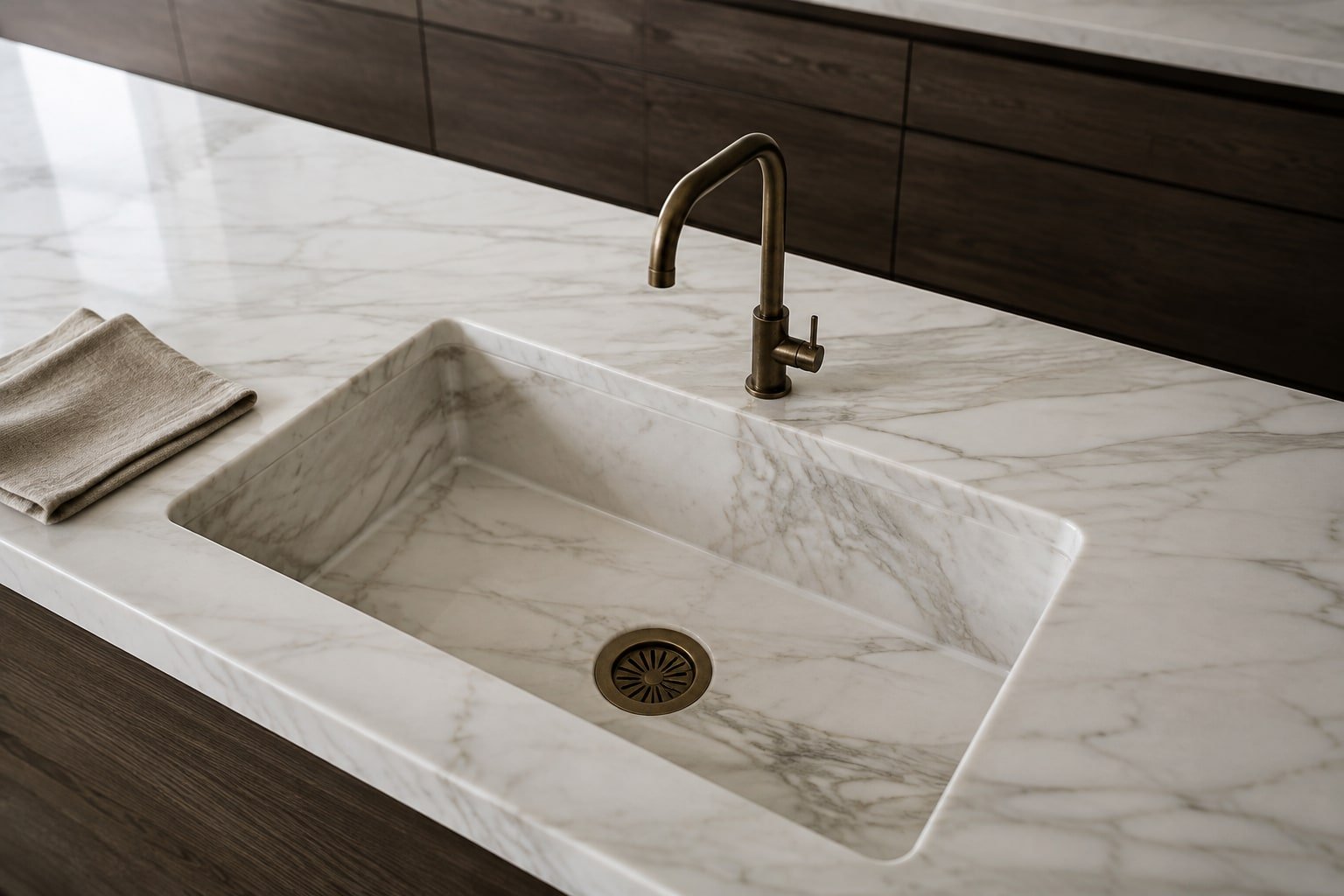 Lavello integrato in marmo bianco venato con rubinetteria in bronzo