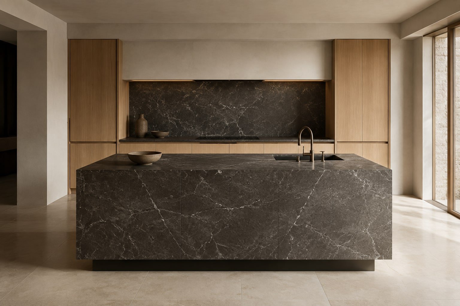 Cucina con isola in marmo scuro venato e mobili in rovere