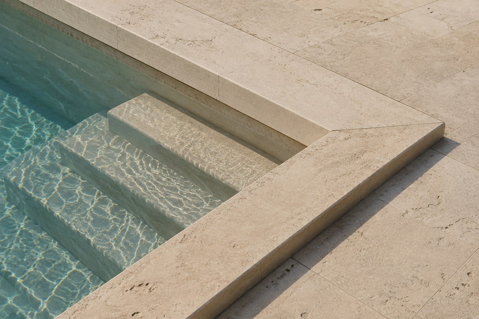 Bordo piscina in pietra chiara con gradini immersi e acqua trasparente