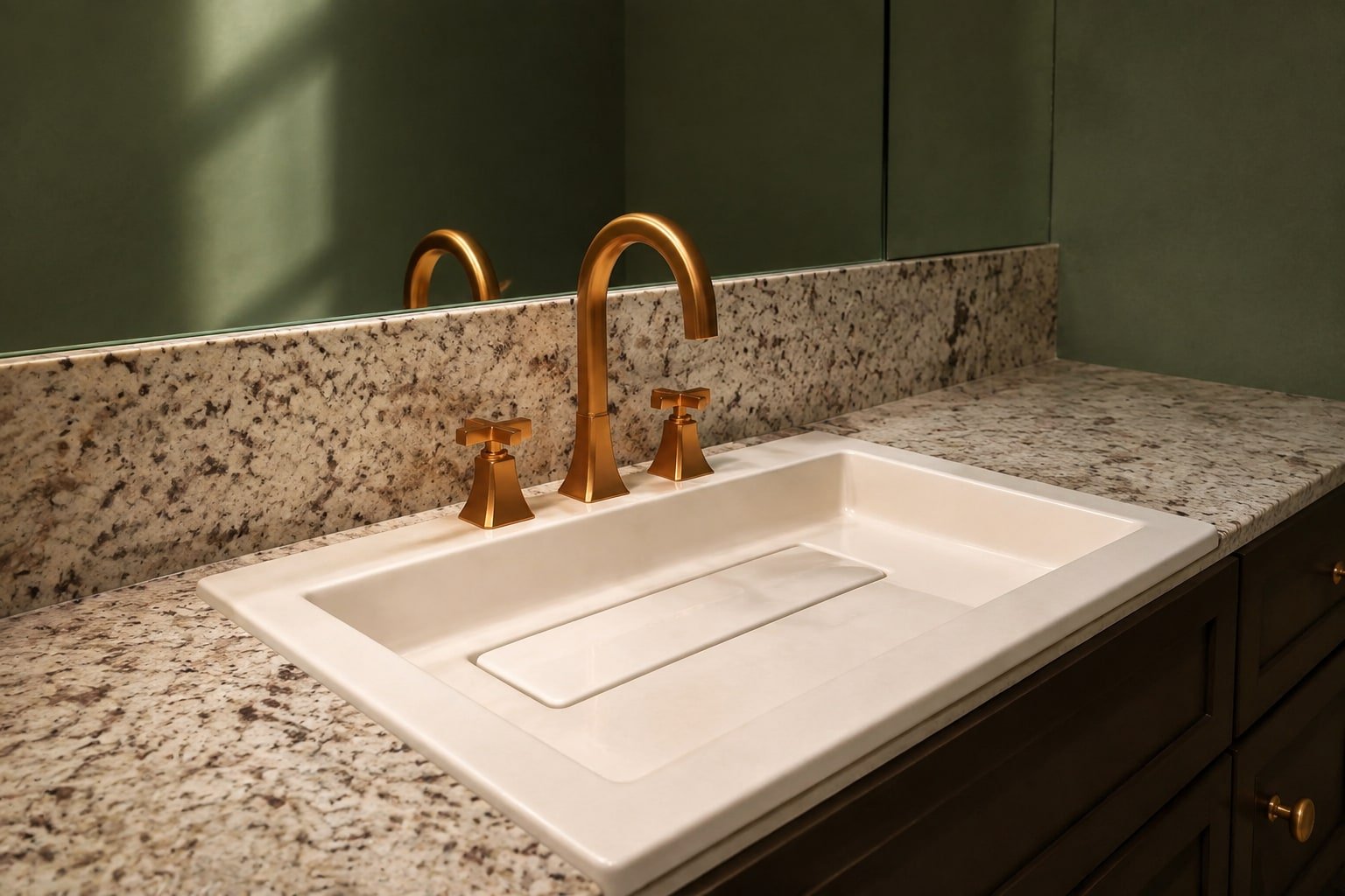 Lavabo rettangolare con piano in granito e rubinetteria color rame