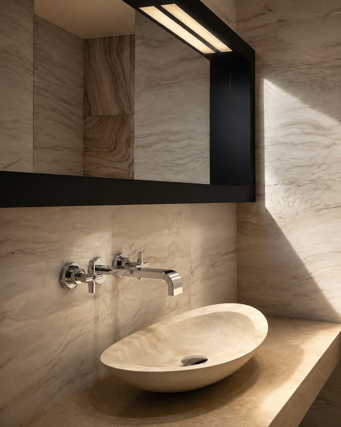 Lavabo ovale in pietra chiara con specchio scuro e pareti venate