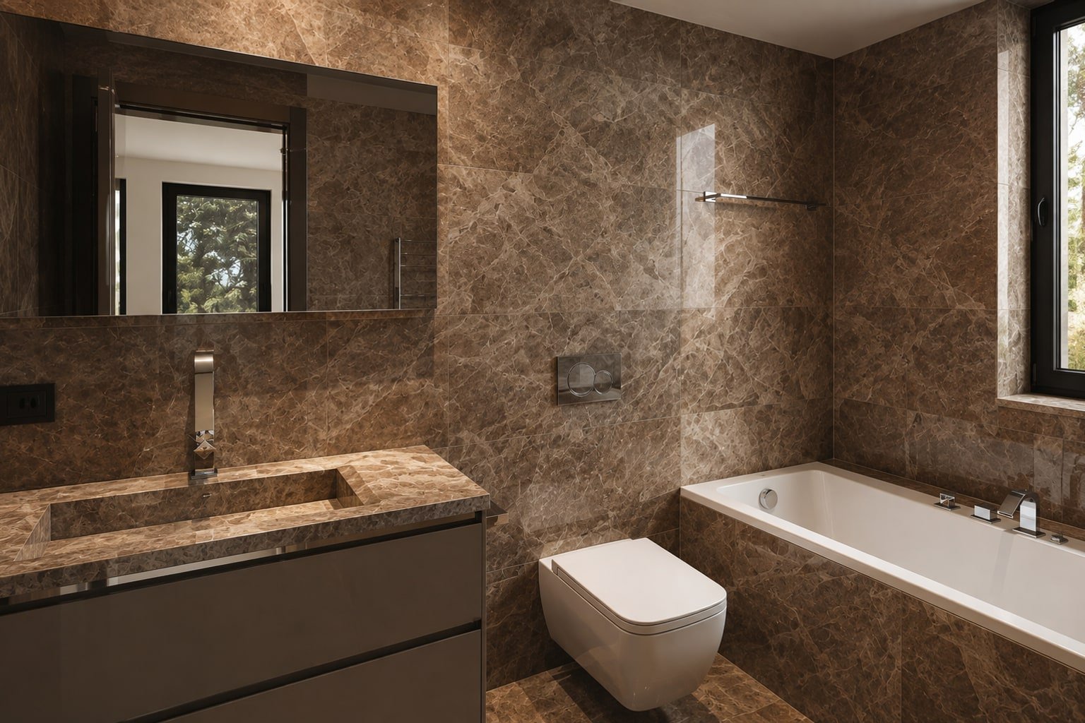 Bagno rivestito in marmo bruno con lavabo integrato e vasca