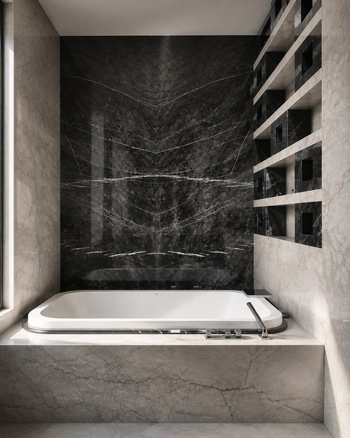 Vasca con rivestimenti in marmo nero e grigio e nicchie geometriche