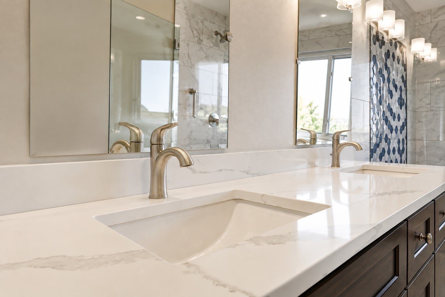 Piano bianco venato con due lavabi sottopiano e mobile scuro