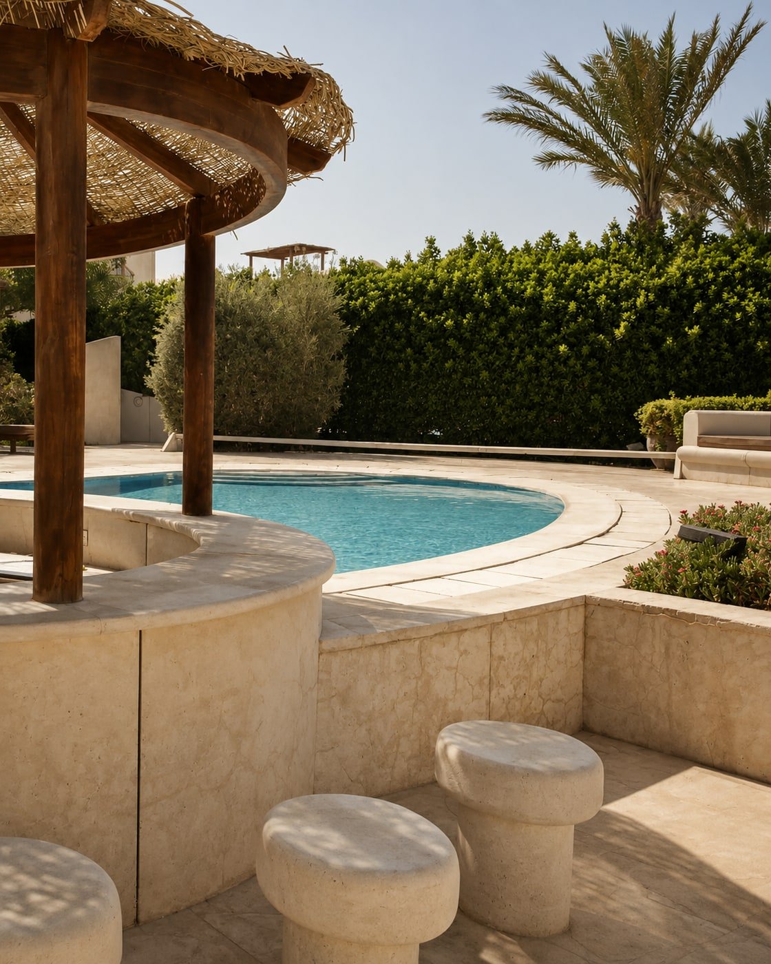 Bar circolare in pietra con sedute scolpite e bordo piscina curvo