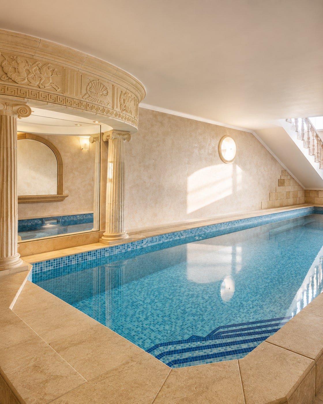 Piscina interna in mosaico azzurro con bordo in pietra e colonne classiche