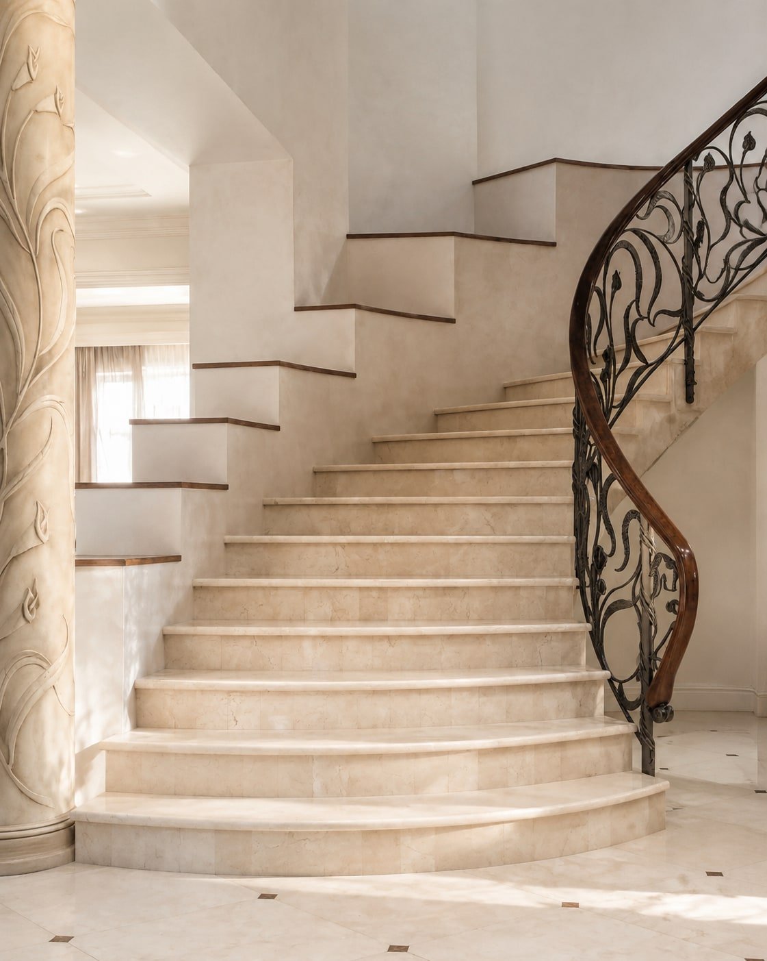 Scala curva in marmo crema con ringhiera floreale in ferro e corrimano in legno