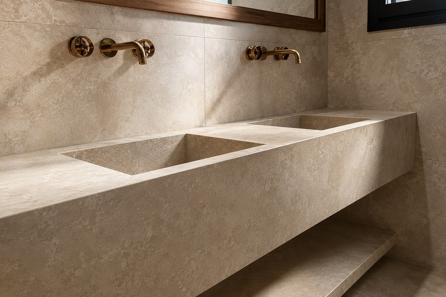 Top bagno sospeso in travertino con due lavabi scavati nel pieno
