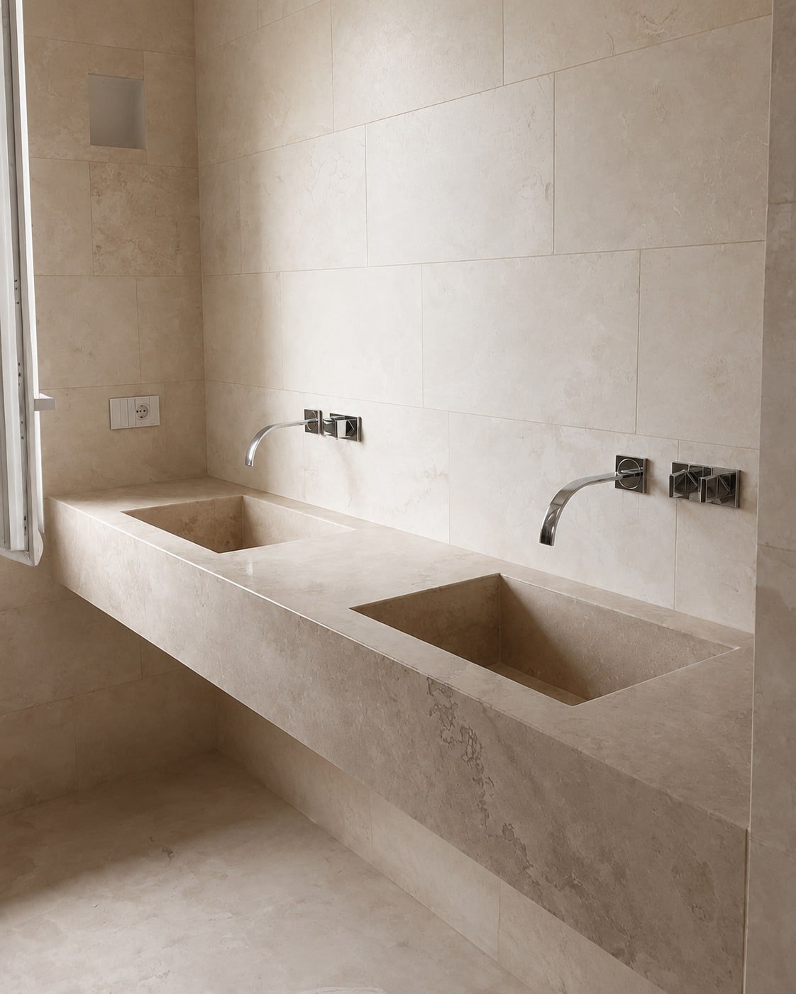 Doppio lavabo in travertino ricavato dal pieno, con rivestimento a parete