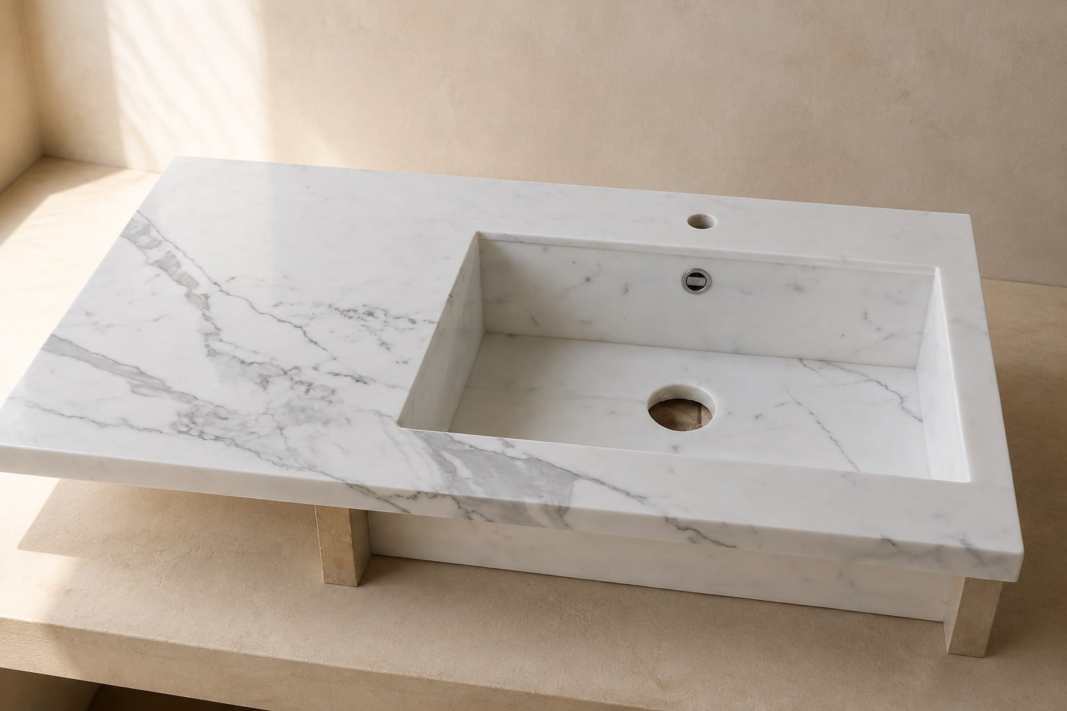 Lavabo in marmo bianco venato scavato nel pieno