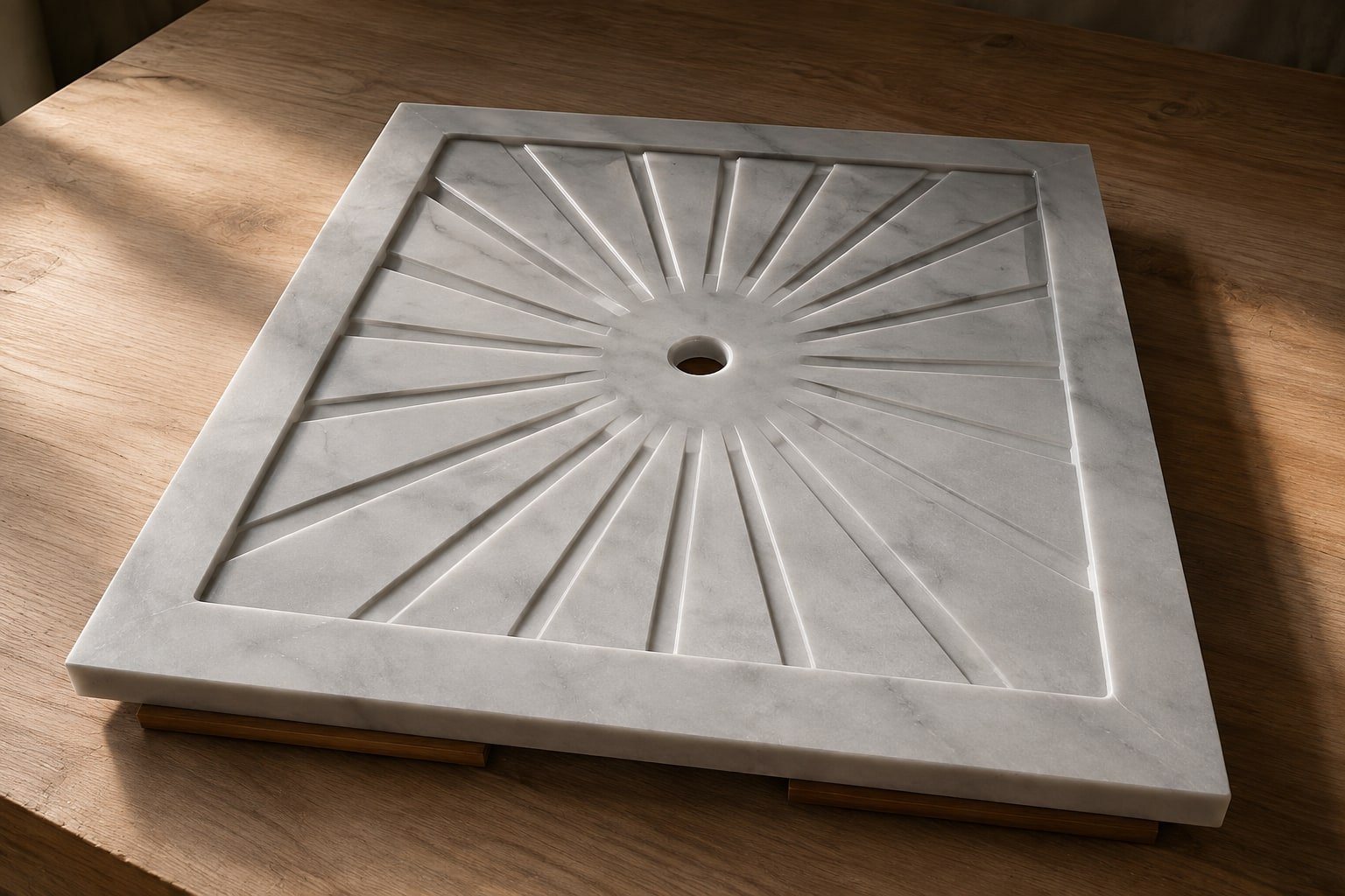 Piatto doccia in marmo bianco con scanalature a raggiera scolpite