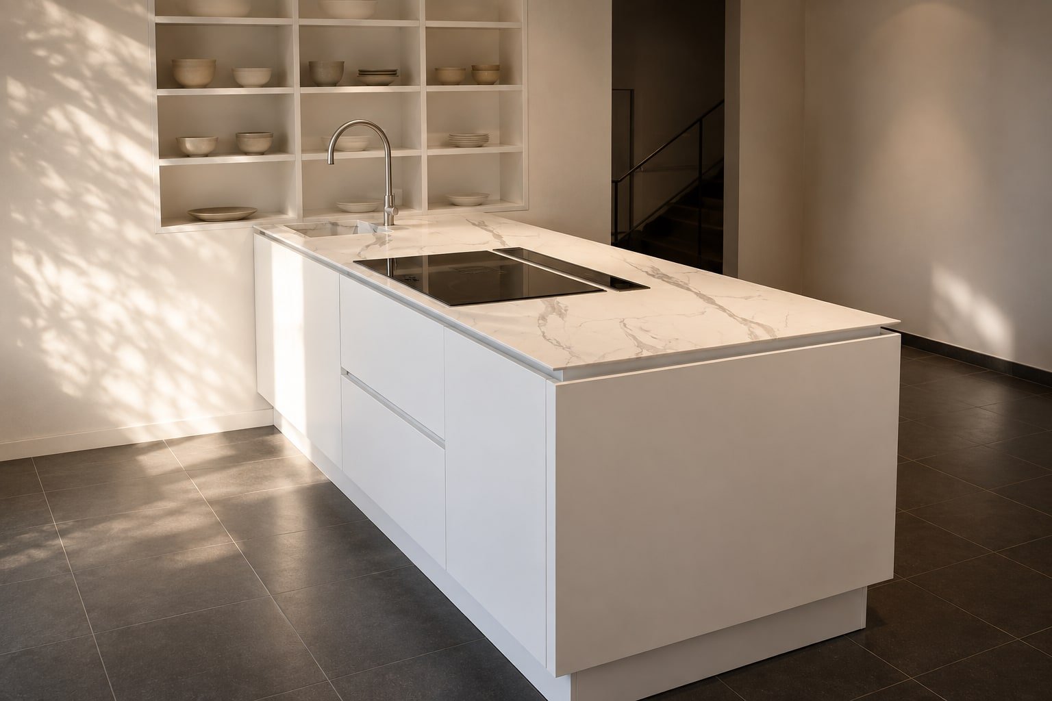 Isola cucina con piano in pietra bianca venata e piano cottura a filo
