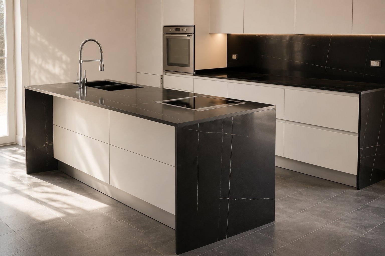 Isola cucina in marmo nero con lavelli e piano cottura a filo