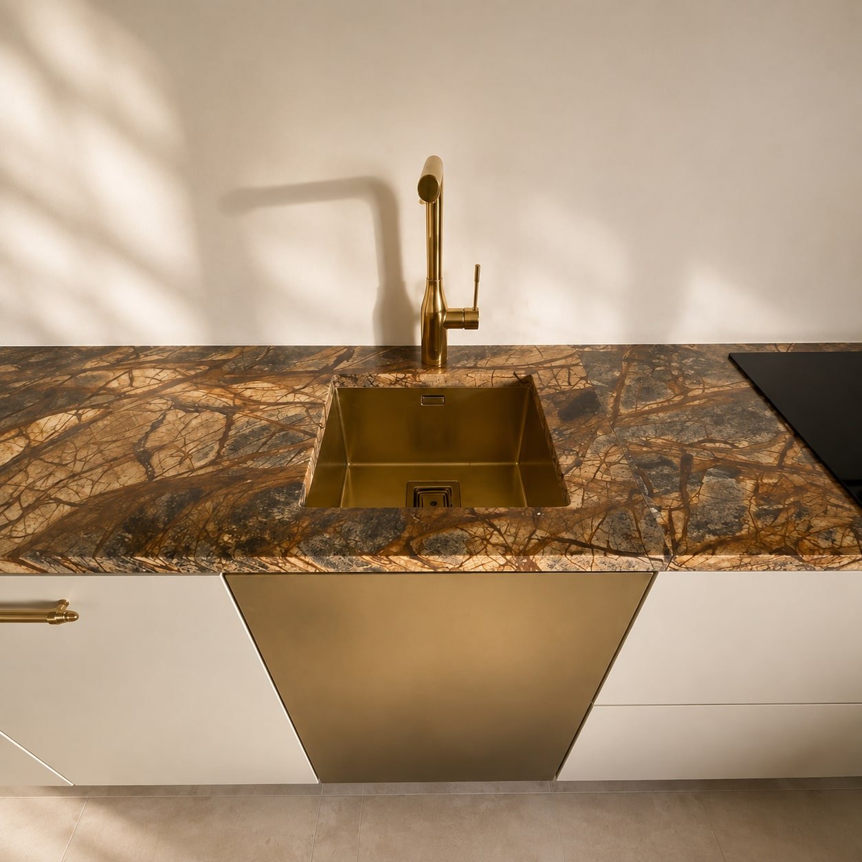 Piano cucina in marmo bruno a venature ramificate con lavello in ottone