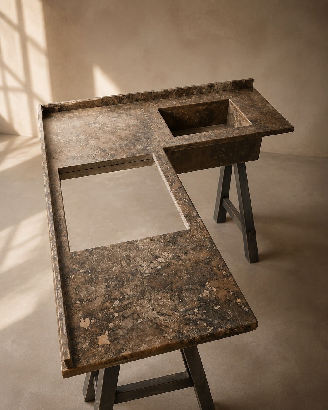 Top cucina in marmo bruno con vasca lavello e foro per il piano cottura, pronto per la posa