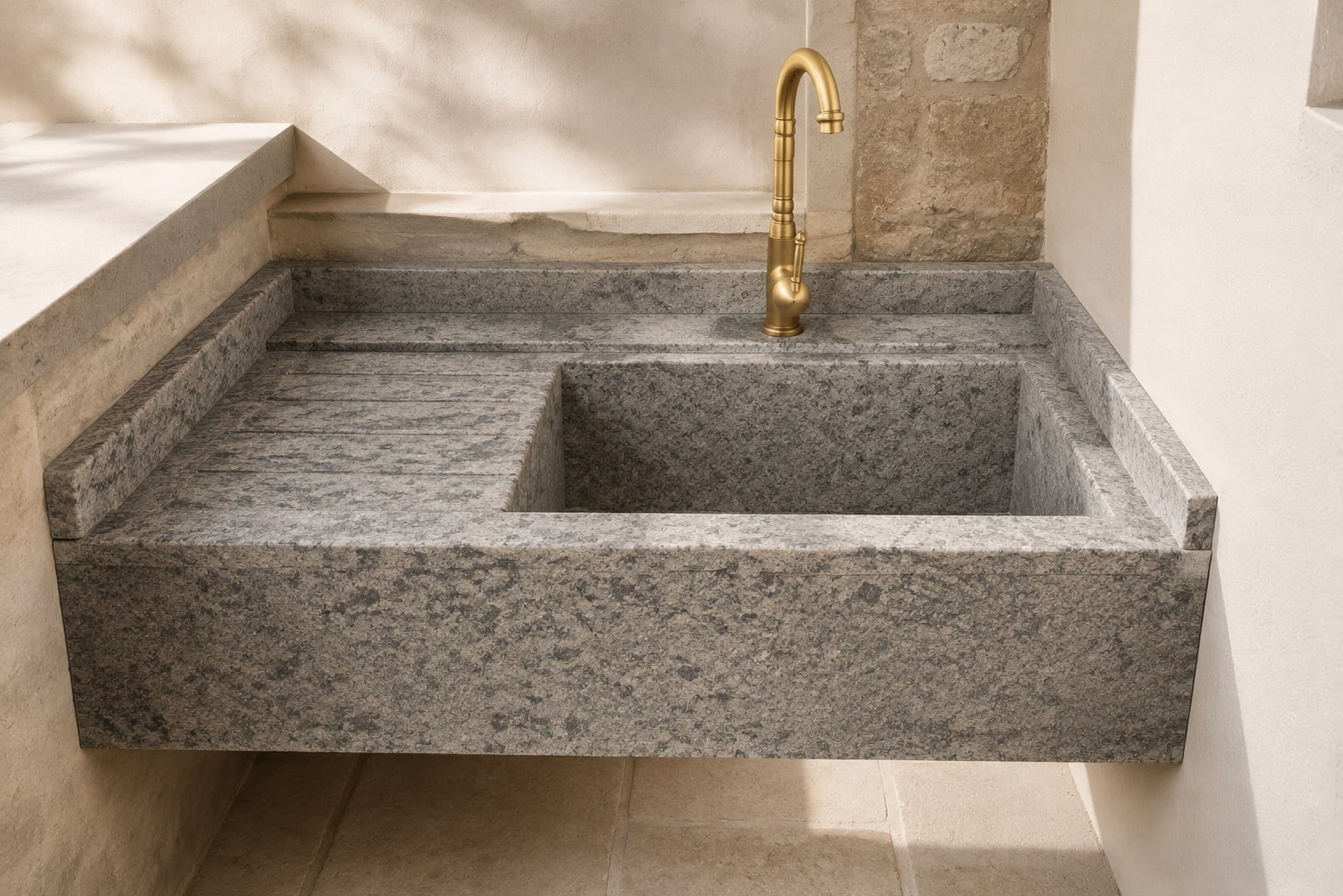 Lavello da giardino in pietra grigia con rubinetto in ottone