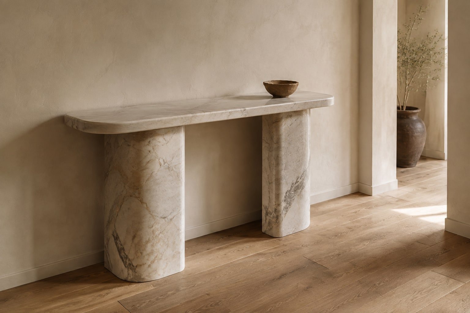 Consolle scultorea in marmo chiaro venato con sostegni curvi