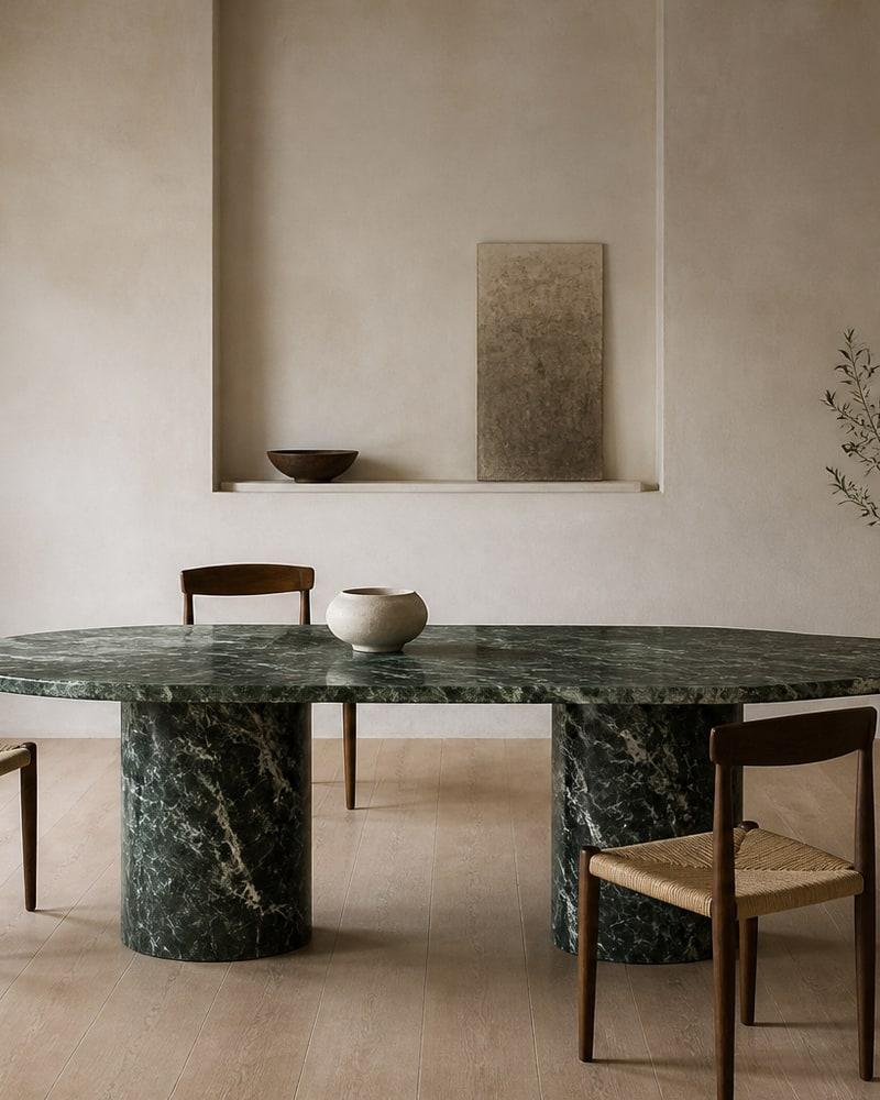 Tavolo ovale in marmo verde venato con basamenti scolpiti