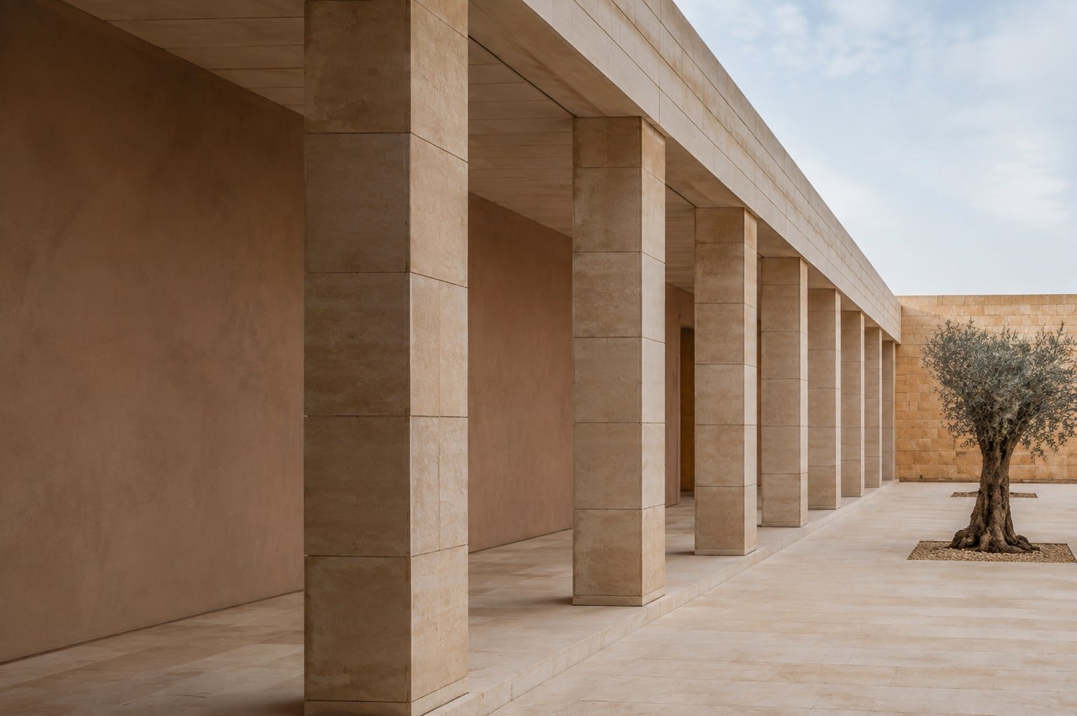 Portico contemporaneo in pietra chiara intorno a un cortile mediterraneo