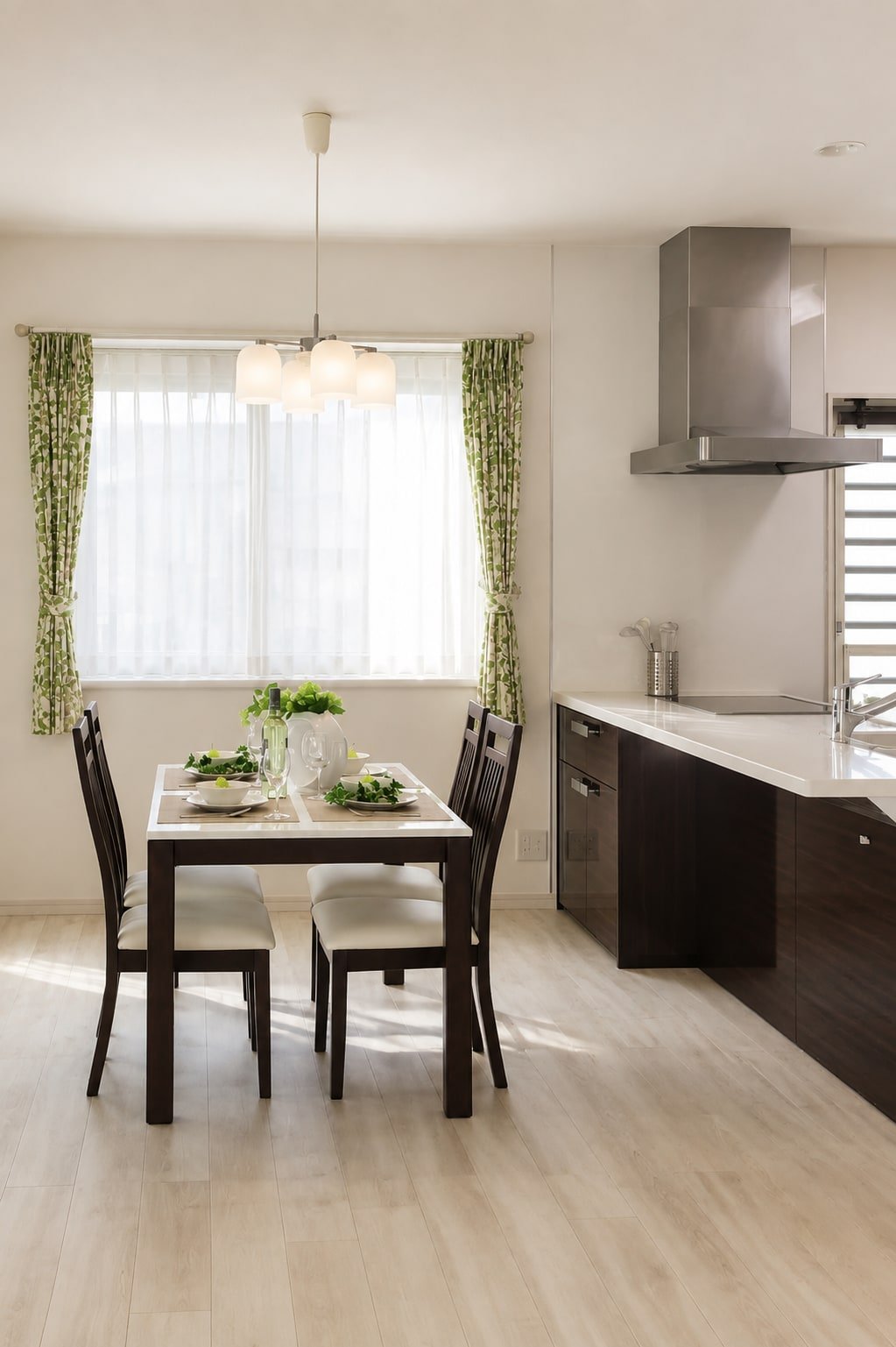 Zona pranzo compatta con tavolo chiaro e cucina in legno scuro