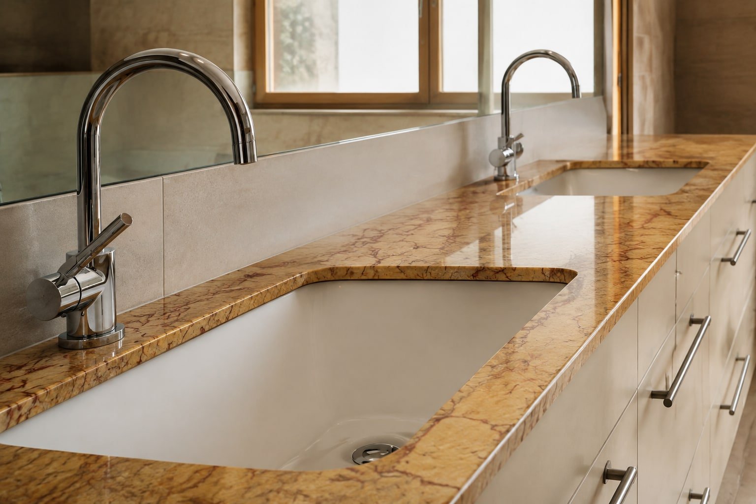 Doppio lavabo con piano in pietra ambrata e rubinetteria cromata