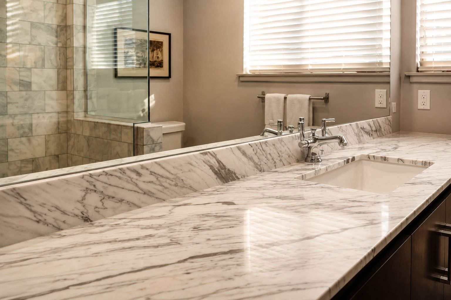 Top lavabo in marmo bianco venato con alzata e specchio a parete