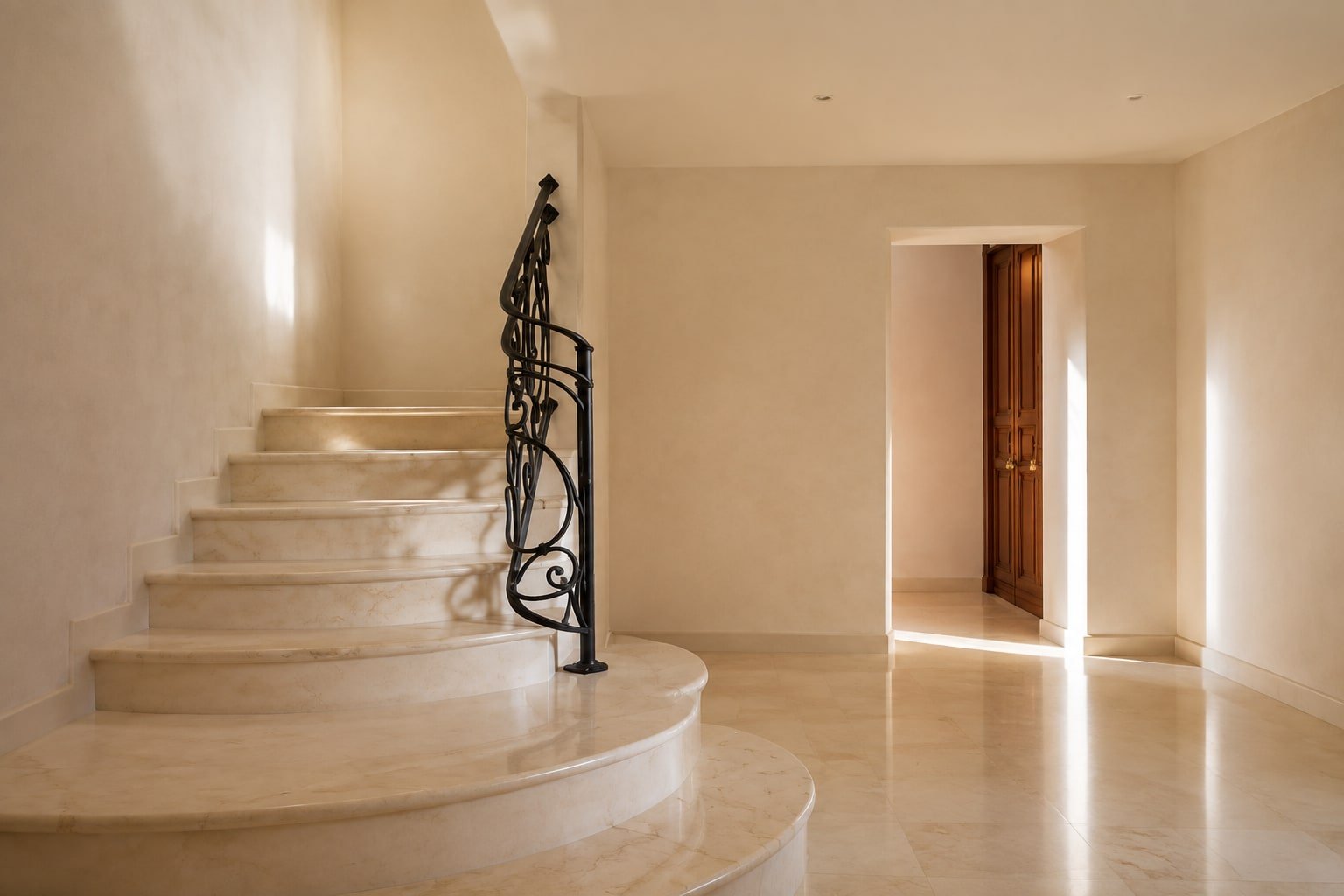 Scala d’ingresso in marmo crema con primo gradino sagomato e ringhiera in ferro