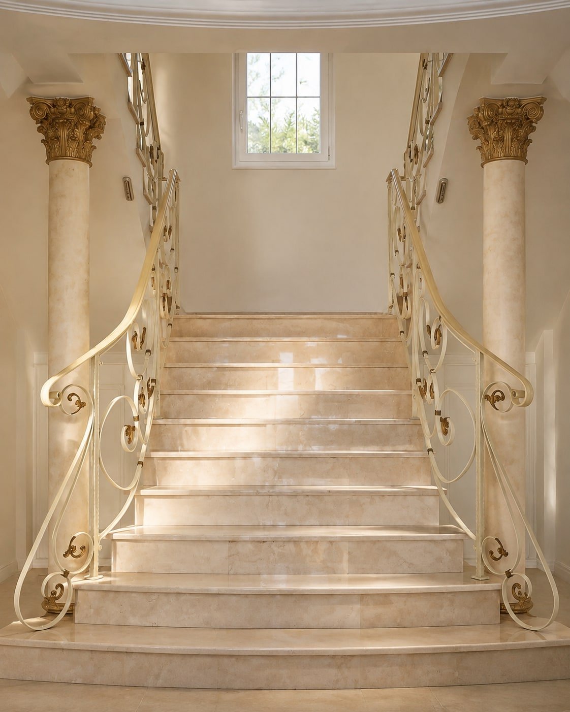 Scalinata in marmo crema tra colonne con capitelli scolpiti e ringhiere decorate