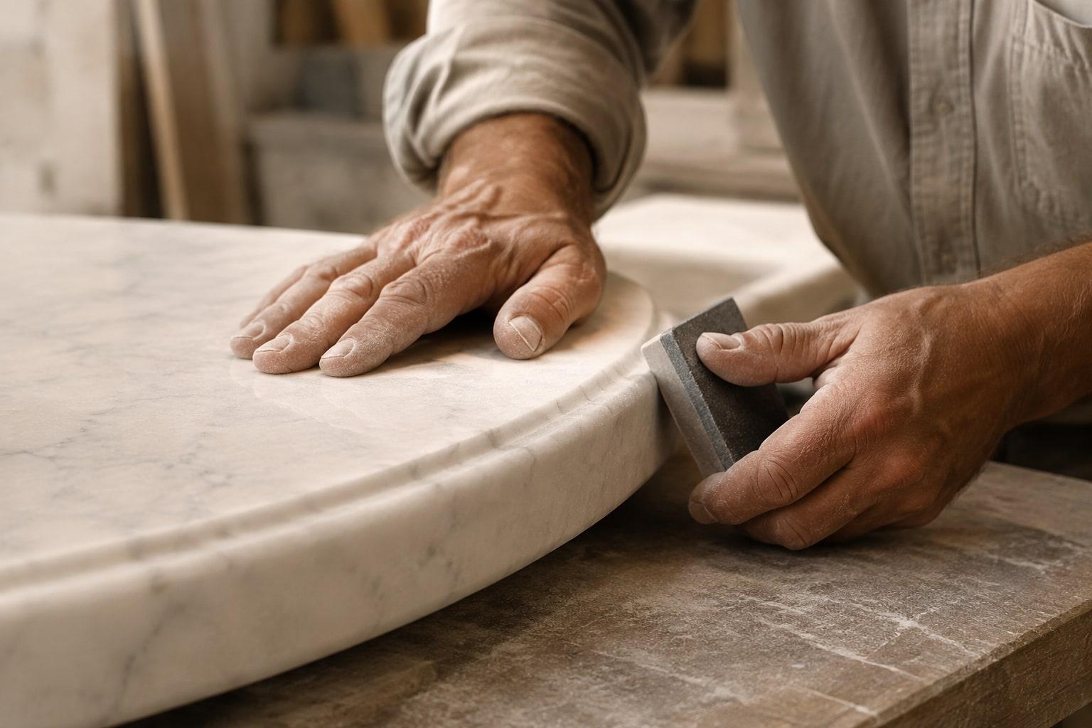 Mani artigiane durante la finitura manuale del bordo curvo di un elemento in marmo bianco